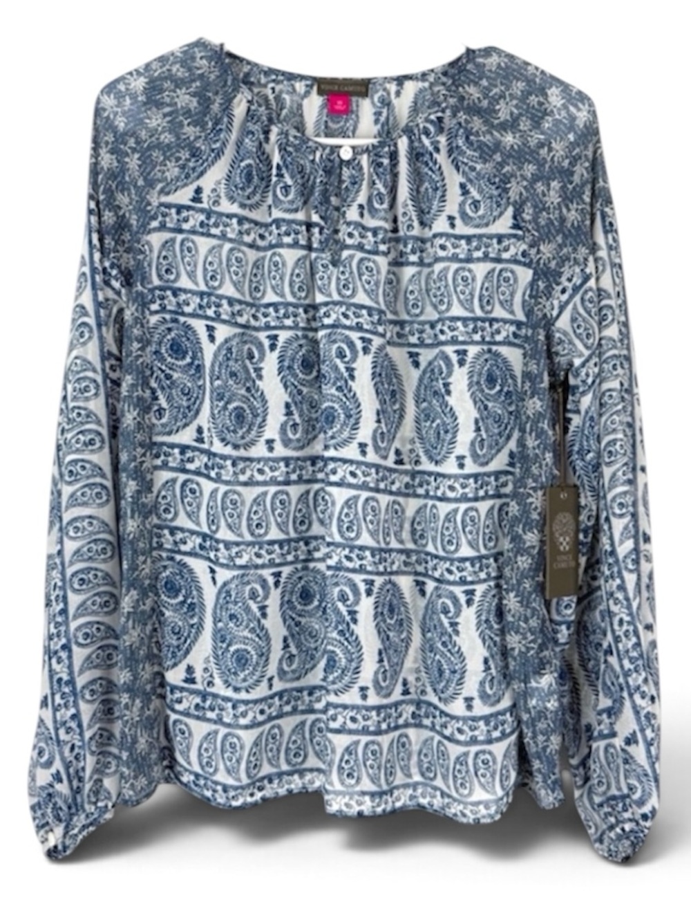 NWT Vince Camuto Blue & White Paisley Semi-Sheer Boho Blouse Size XS